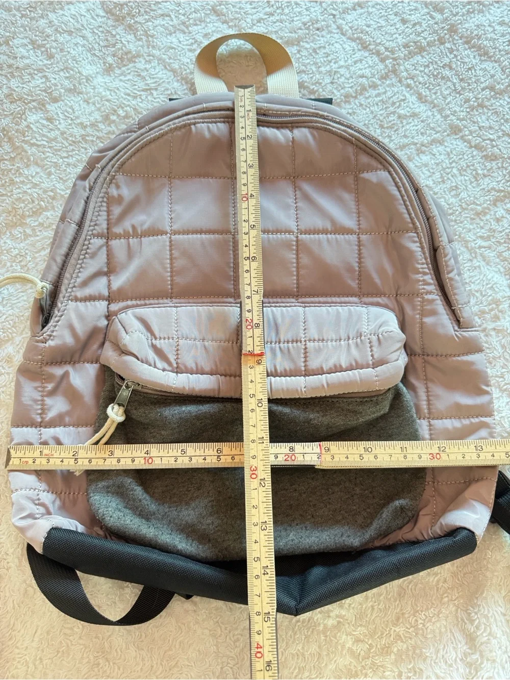Quilted Light Taupe Backpack with Gray Front Pocket